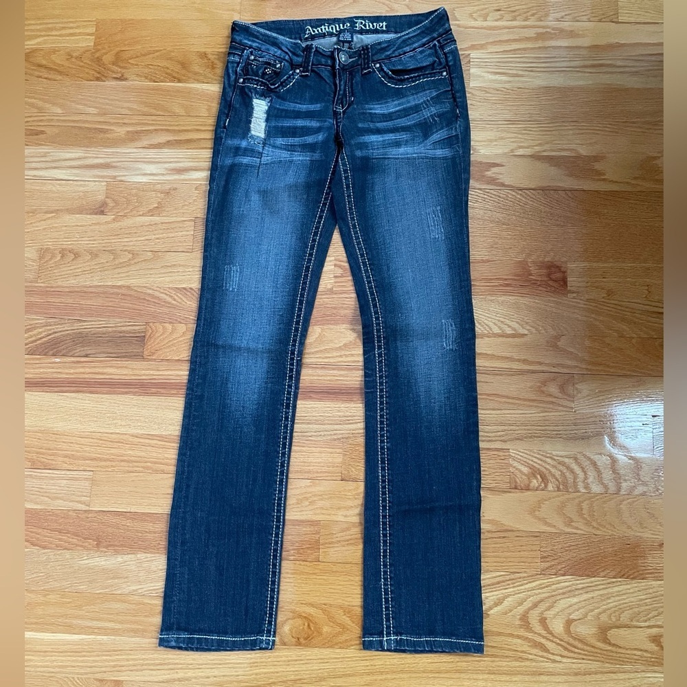 Y2K Antique Rivet Dark Blue Low Rise Straight Leg Jeans